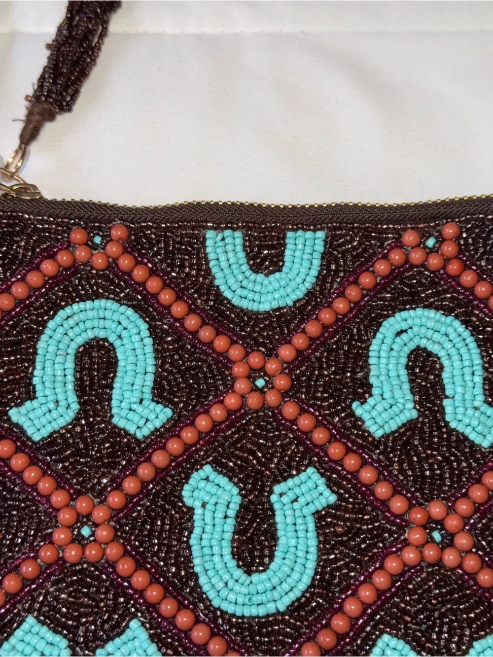 NWOT- sincerely Jules beaded wristlet clutch  Brown turquoise BoHo  SW 7 x 8”